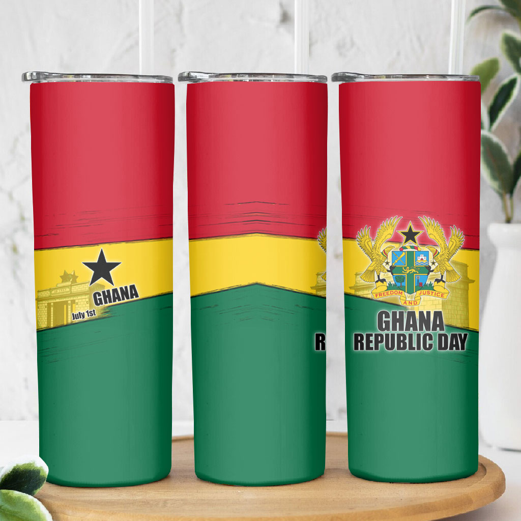 Ghana Republic Day Skinny Tumbler Ghanaian Pride Flag Colors With Coat Of Arms And Black Star