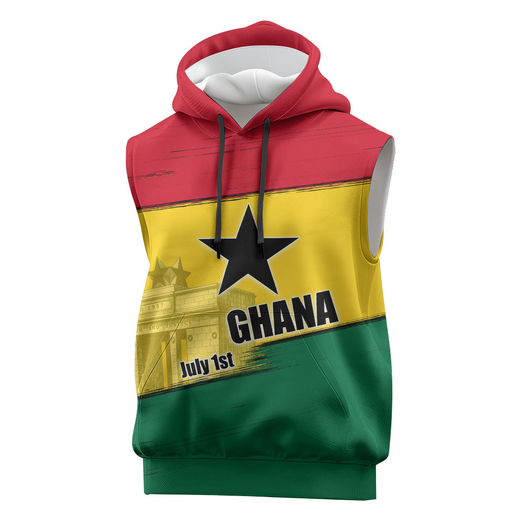 Ghana Republic Day Sleeveless Hoodie Ghanaian Pride Flag Colors With Coat Of Arms And Black Star