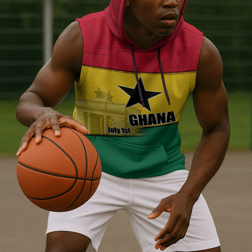 Ghana Republic Day Sleeveless Hoodie Ghanaian Pride Flag Colors With Coat Of Arms And Black Star