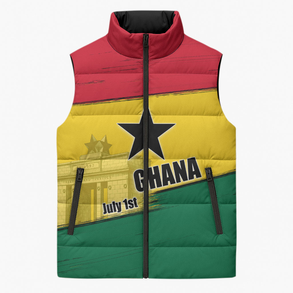 Ghana Republic Day Sleeveless Puffer Jacket Ghanaian Pride Flag Colors With Coat Of Arms And Black Star