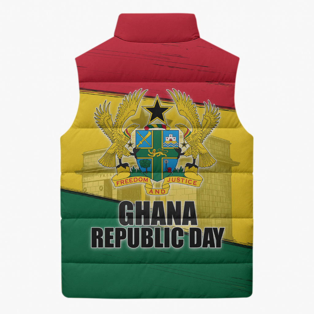 Ghana Republic Day Sleeveless Puffer Jacket Ghanaian Pride Flag Colors With Coat Of Arms And Black Star