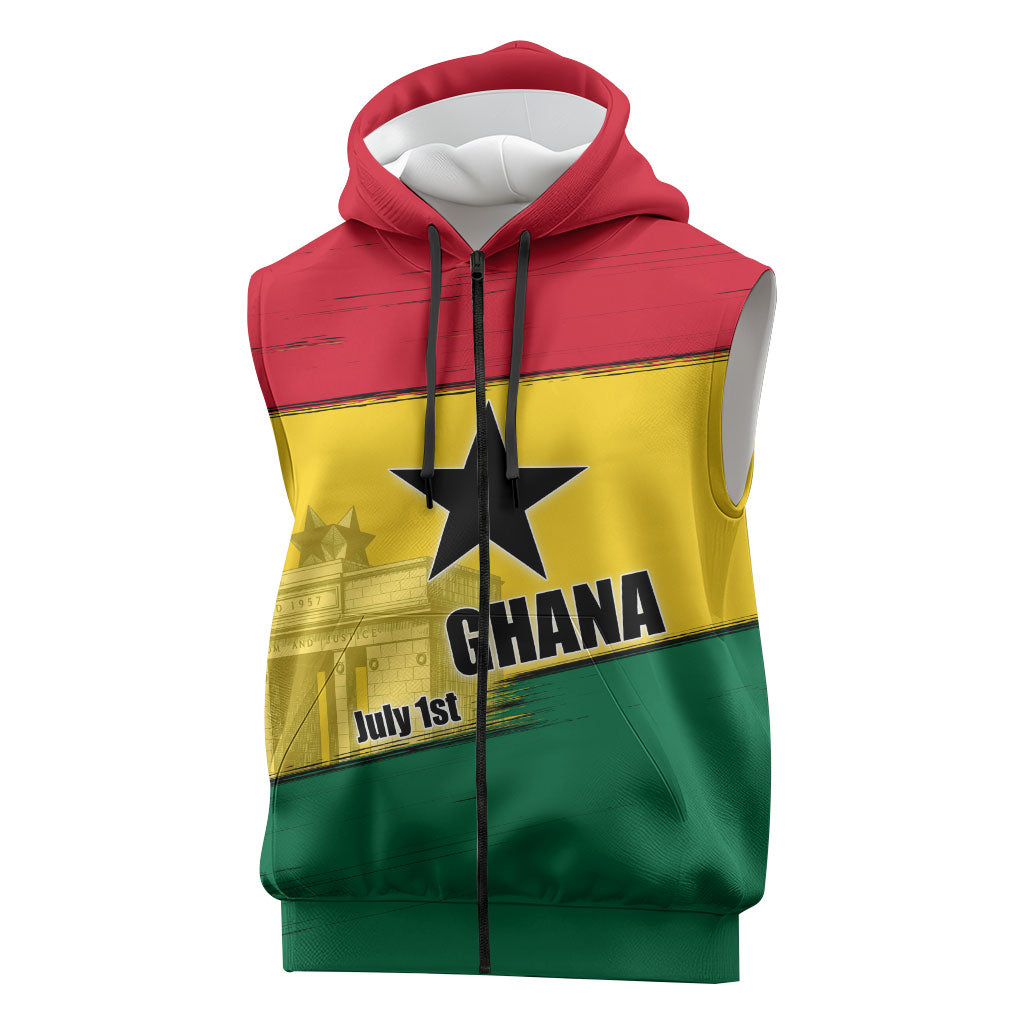 Ghana Republic Day Sleeveless Zip Hoodie Ghanaian Pride Flag Colors With Coat Of Arms And Black Star