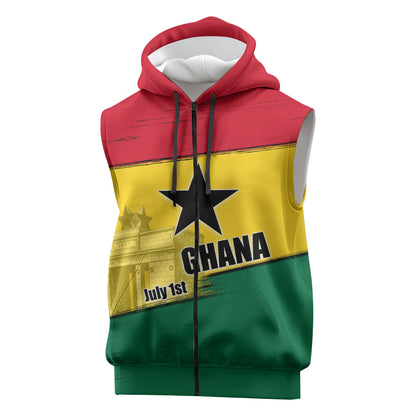 Ghana Republic Day Sleeveless Zip Hoodie Ghanaian Pride Flag Colors With Coat Of Arms And Black Star
