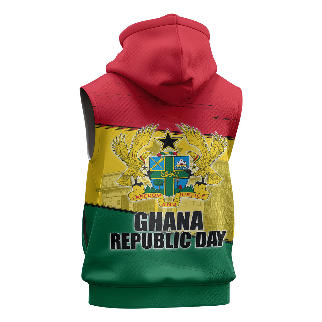 Ghana Republic Day Sleeveless Zip Hoodie Ghanaian Pride Flag Colors With Coat Of Arms And Black Star