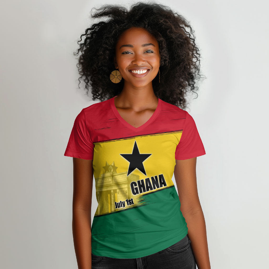 Ghana Republic Day Women V-Neck T-Shirt Ghanaian Pride Flag Colors With Coat Of Arms And Black Star