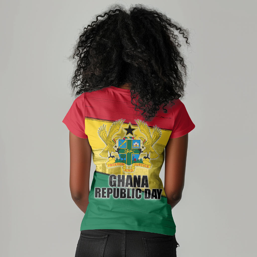 Ghana Republic Day Women V-Neck T-Shirt Ghanaian Pride Flag Colors With Coat Of Arms And Black Star