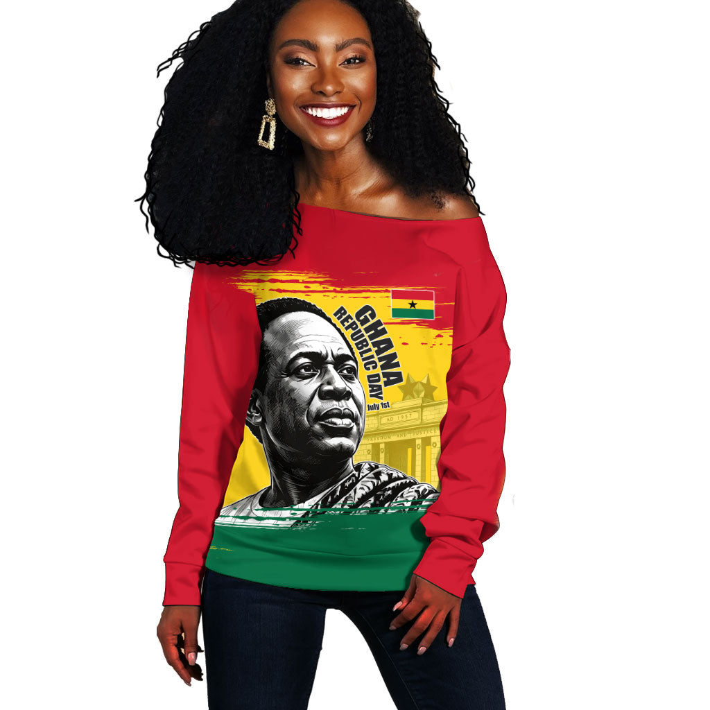 Personalized Ghana Republic Day Off Shoulder Sweater Kwame Nkrumah Vintage Portrait Art - July 1st Theme