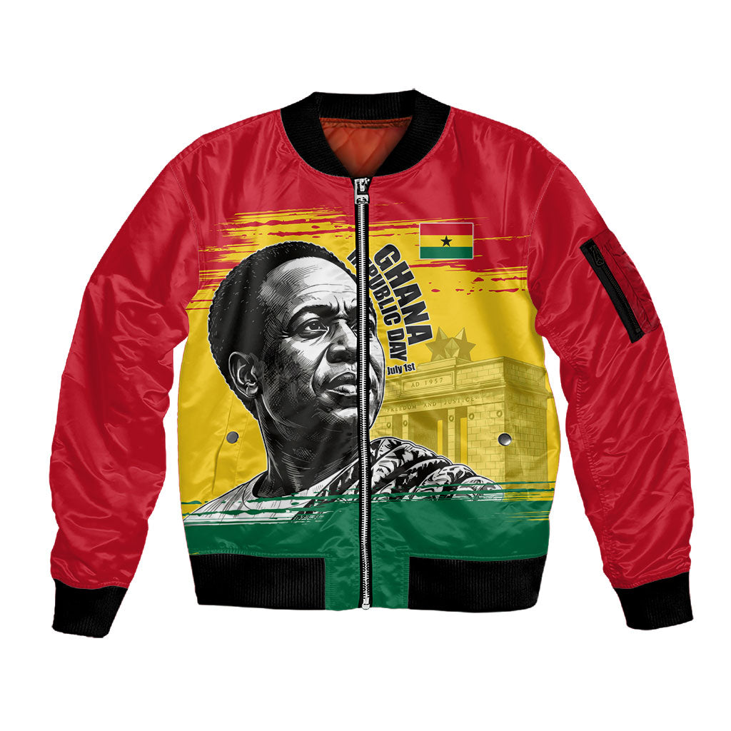 Personalized Ghana Republic Day Sleeve Zip Bomber Jacket Kwame Nkrumah Vintage Portrait Art - July 1st Theme