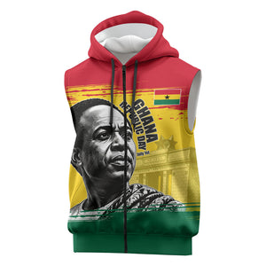 Personalized Ghana Republic Day Sleeveless Zip Hoodie Kwame Nkrumah Vintage Portrait Art - July 1st Theme