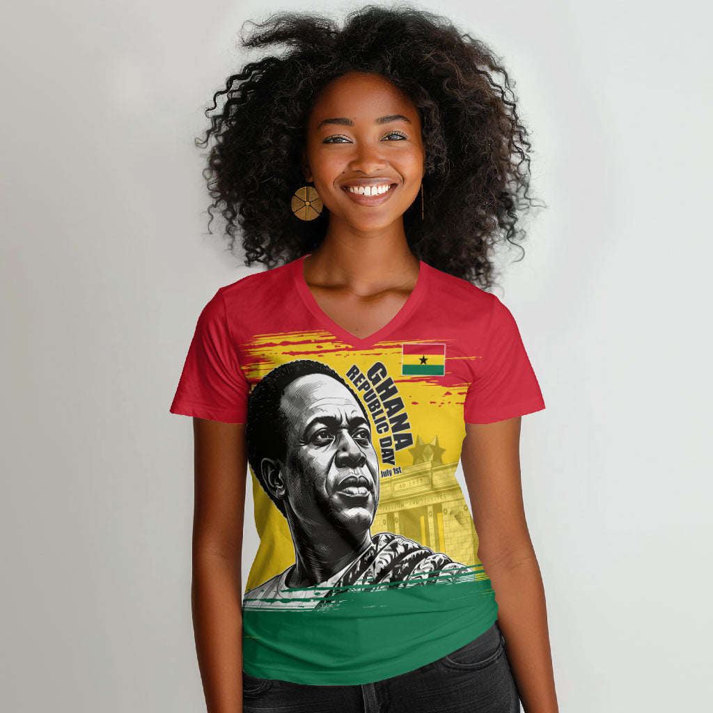 Personalized Ghana Republic Day Women V-Neck T-Shirt Kwame Nkrumah Vintage Portrait Art - July 1st Theme