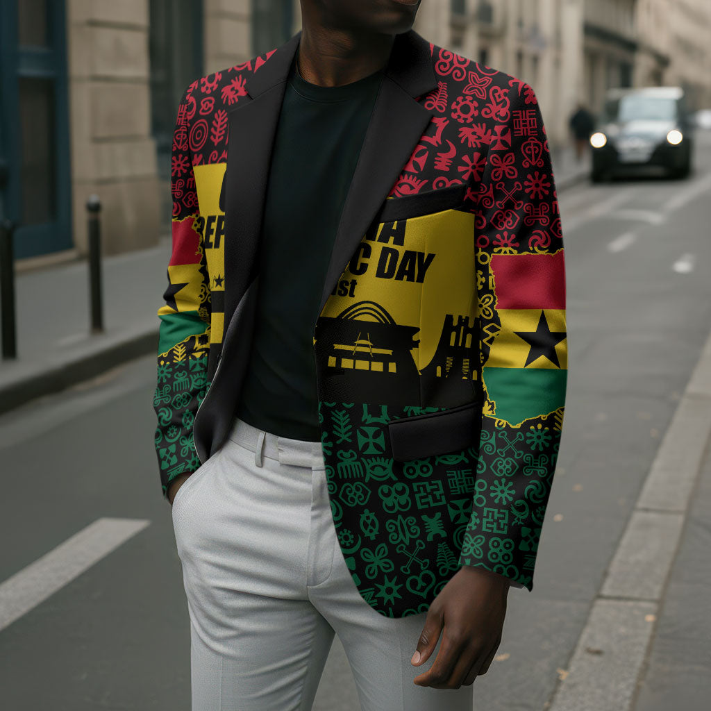 Personalized Ghana Republic Day Blazer Adinkra Pattern Heritage Silhouette African Culture Art