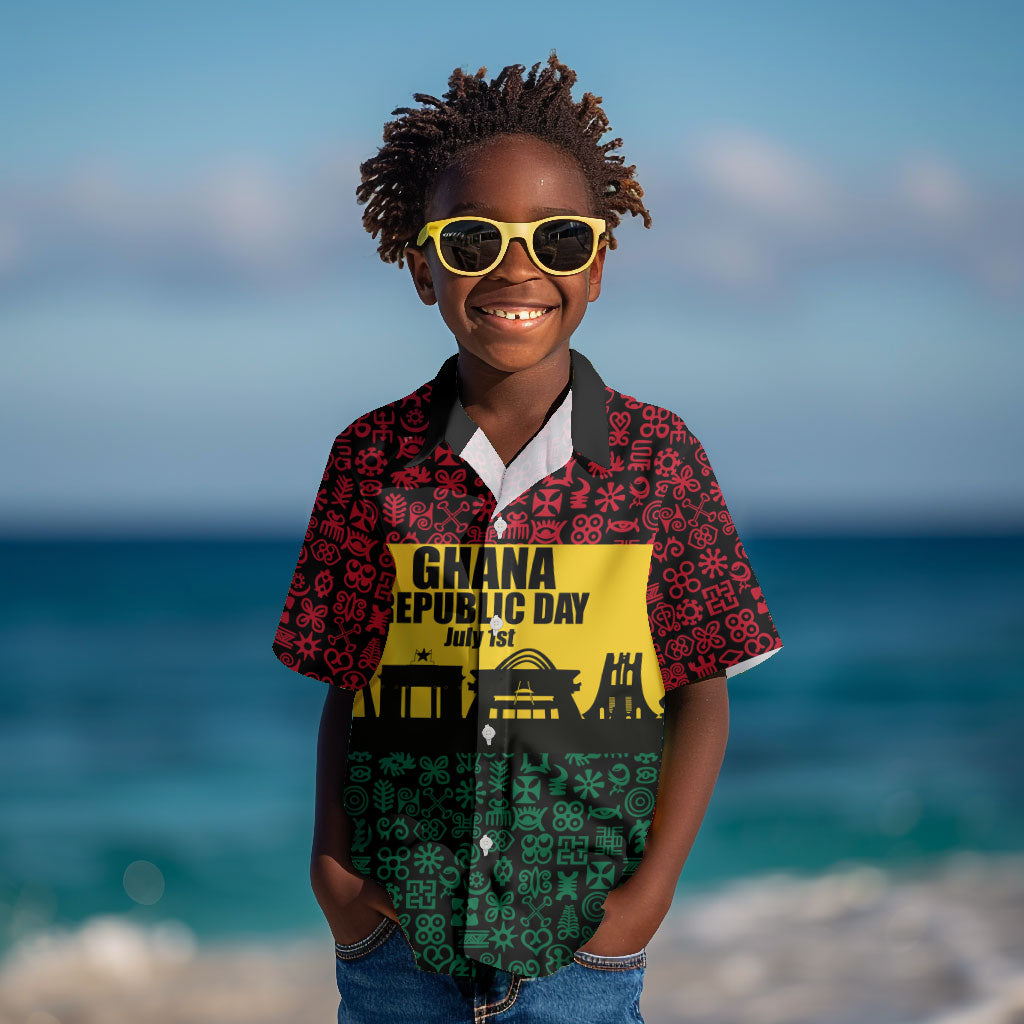 Personalized Ghana Republic Day Kid Hawaiian Shirt Adinkra Pattern Heritage Silhouette African Culture Art