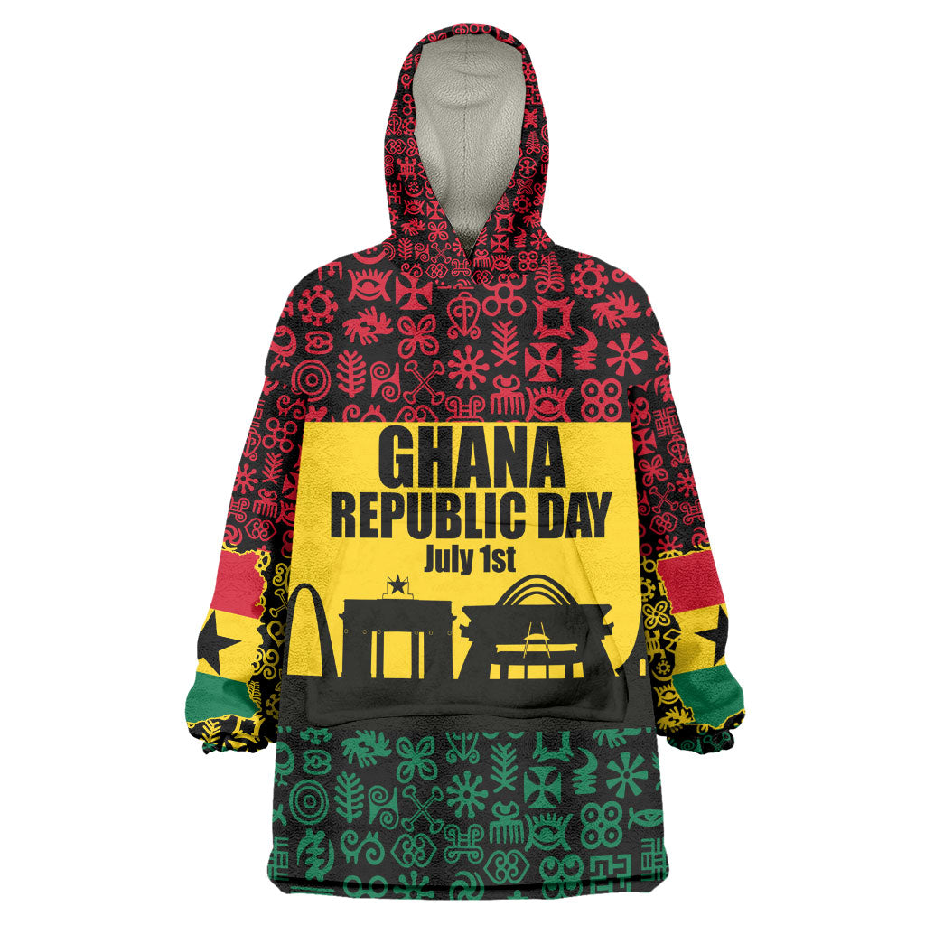 Personalized Ghana Republic Day Kid Wearable Blanket Hoodie Adinkra Pattern Heritage Silhouette African Culture Art