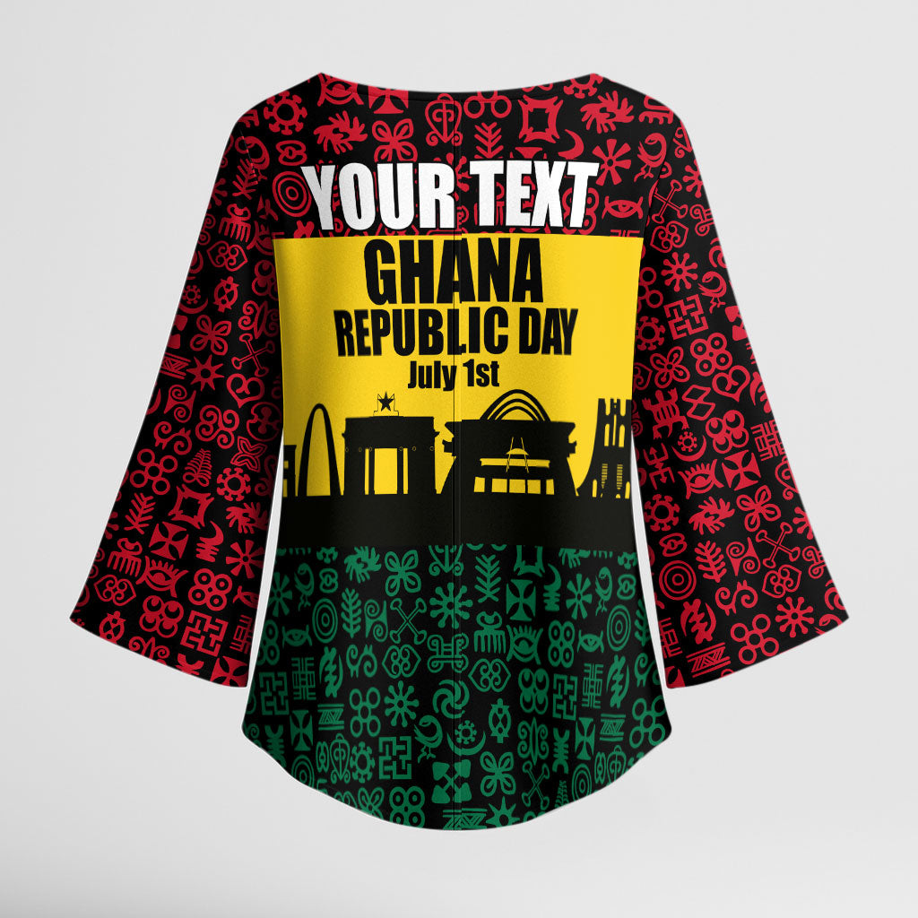 Personalized Ghana Republic Day Kimono Sleeve Blouse Adinkra Pattern Heritage Silhouette African Culture Art