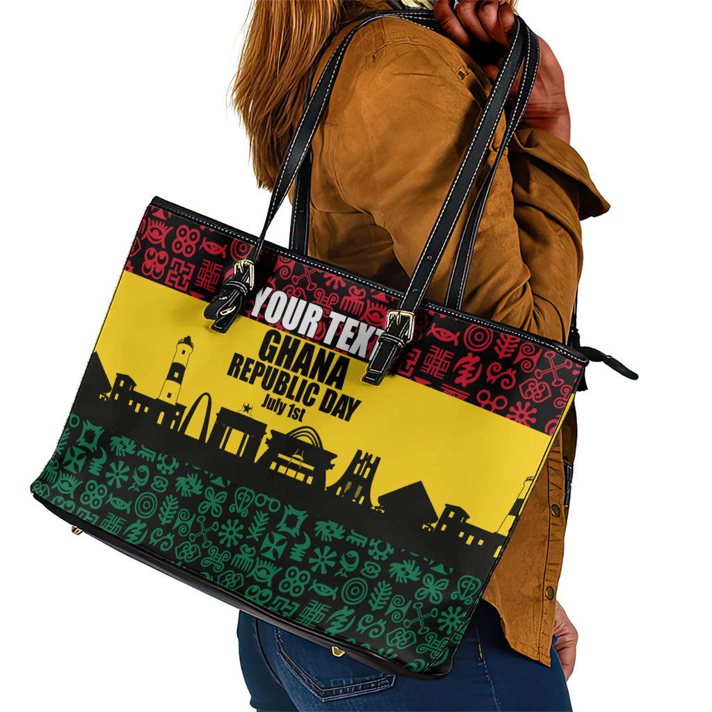 Personalized Ghana Republic Day Leather Tote Bag Adinkra Pattern Heritage Silhouette African Culture Art
