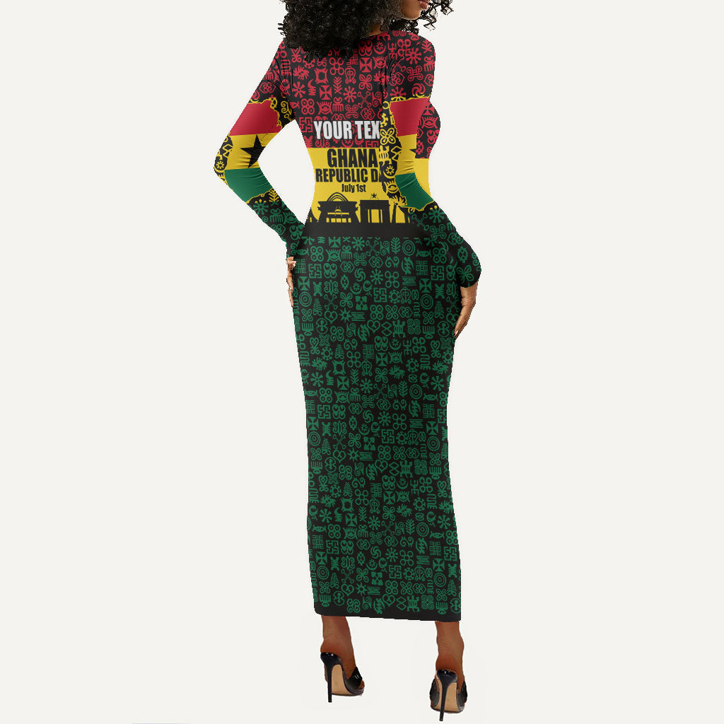 Personalized Ghana Republic Day Long Sleeve Bodycon Dress Adinkra Pattern Heritage Silhouette African Culture Art
