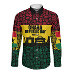 Personalized Ghana Republic Day Long Sleeve Button Shirt Adinkra Pattern Heritage Silhouette African Culture Art
