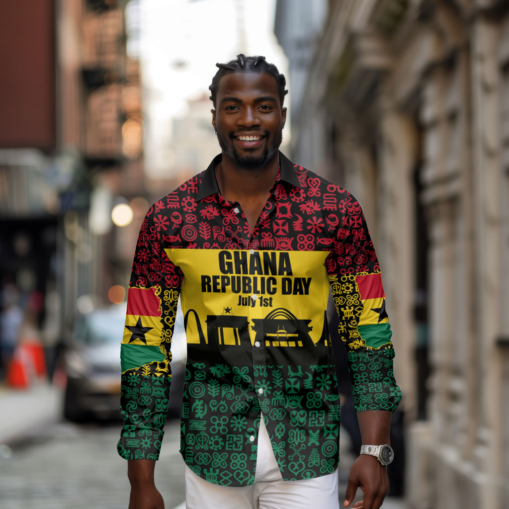 Personalized Ghana Republic Day Long Sleeve Button Shirt Adinkra Pattern Heritage Silhouette African Culture Art