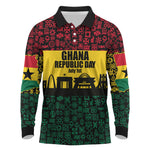 Personalized Ghana Republic Day Long Sleeve Polo Shirt Adinkra Pattern Heritage Silhouette African Culture Art