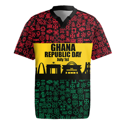 Personalized Ghana Republic Day Rugby Jersey Adinkra Pattern Heritage Silhouette African Culture Art