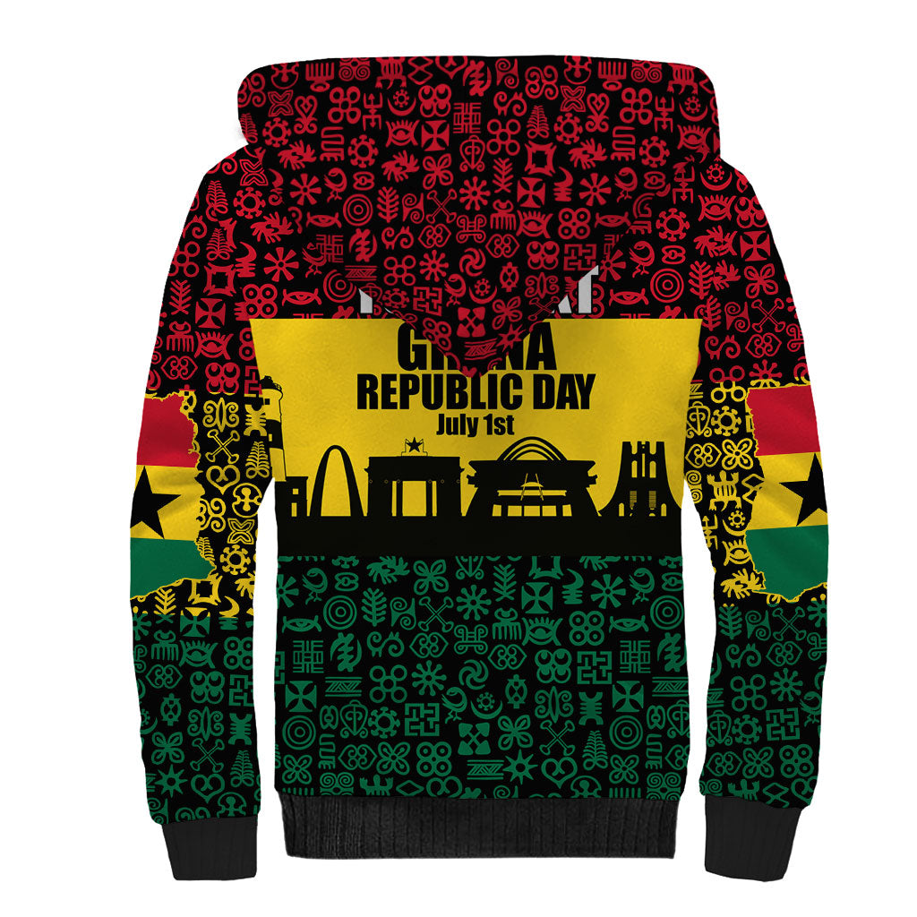 Personalized Ghana Republic Day Sherpa Hoodie Adinkra Pattern Heritage Silhouette African Culture Art