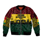 Personalized Ghana Republic Day Sleeve Zip Bomber Jacket Adinkra Pattern Heritage Silhouette African Culture Art