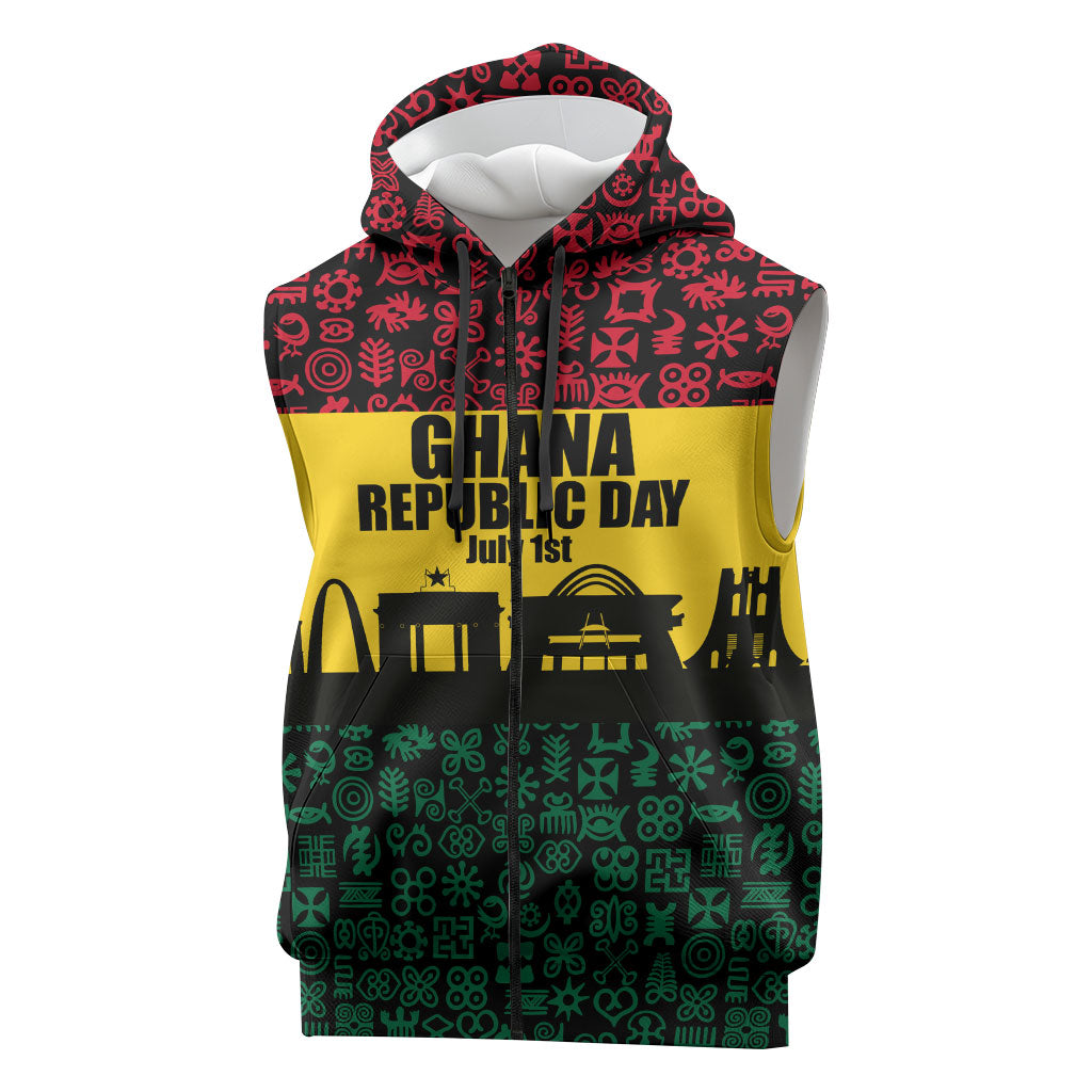 Personalized Ghana Republic Day Sleeveless Zip Hoodie Adinkra Pattern Heritage Silhouette African Culture Art