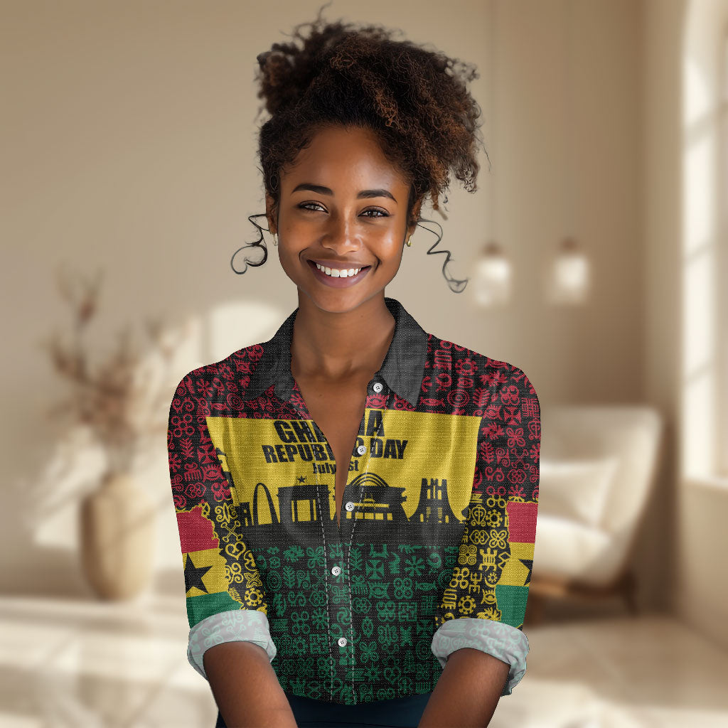 Personalized Ghana Republic Day Women Casual Shirt Adinkra Pattern Heritage Silhouette African Culture Art