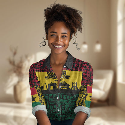 Personalized Ghana Republic Day Women Casual Shirt Adinkra Pattern Heritage Silhouette African Culture Art