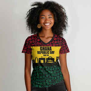 Personalized Ghana Republic Day Women V-Neck T-Shirt Adinkra Pattern Heritage Silhouette African Culture Art
