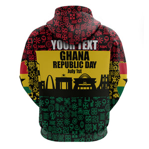 Personalized Ghana Republic Day Zip Hoodie Adinkra Pattern Heritage Silhouette African Culture Art