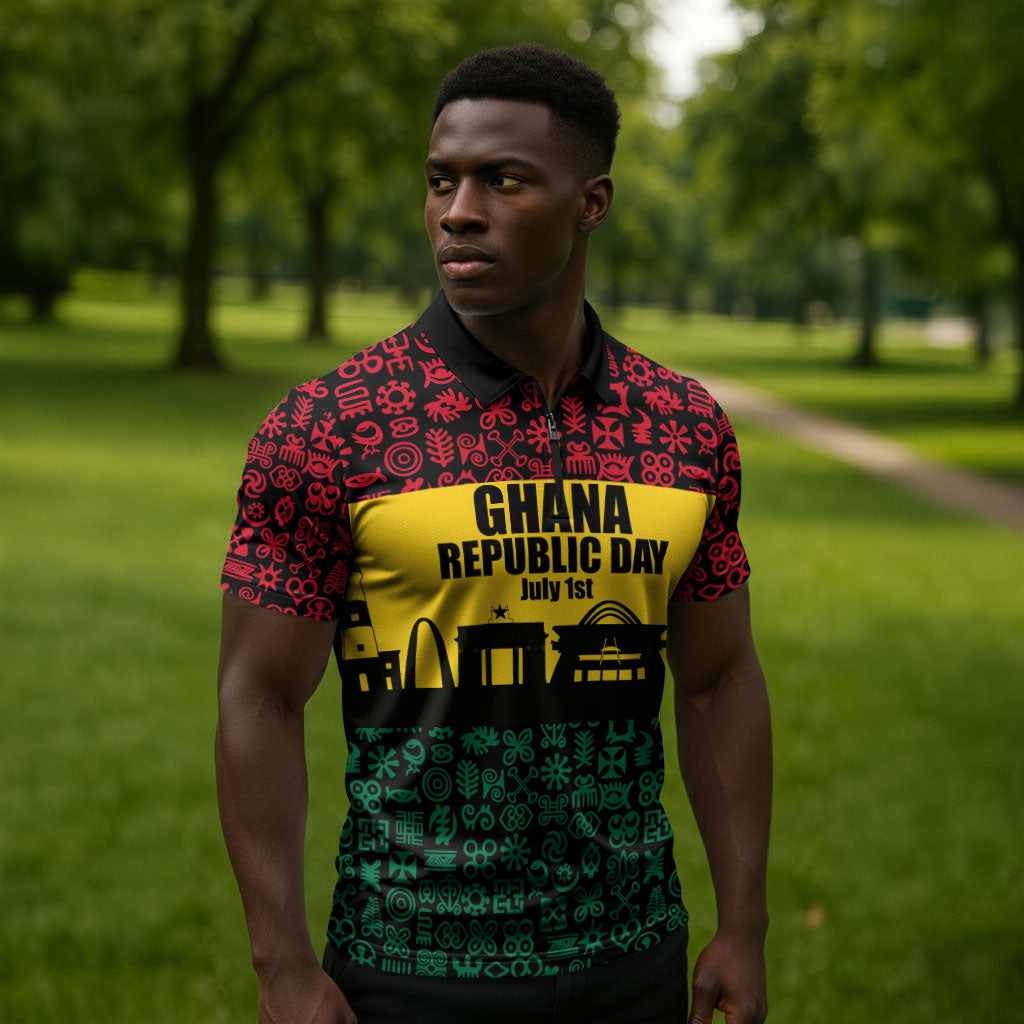 Personalized Ghana Republic Day Zipper Polo Shirt Adinkra Pattern Heritage Silhouette African Culture Art