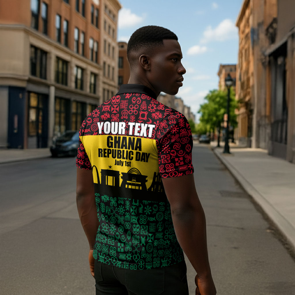 Personalized Ghana Republic Day Zipper Polo Shirt Adinkra Pattern Heritage Silhouette African Culture Art