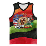 Happy 250th You Still Owe Us Black Pride Basketball Jersey Pan African Flag Broken Chains - Statue Of Liberty
