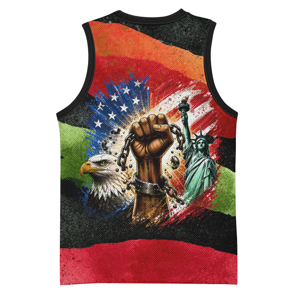 Happy 250th You Still Owe Us Black Pride Basketball Jersey Pan African Flag Broken Chains - Statue Of Liberty