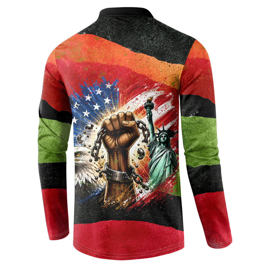 Happy 250th You Still Owe Us Black Pride Button Sweatshirt Pan African Flag Broken Chains - Statue Of Liberty