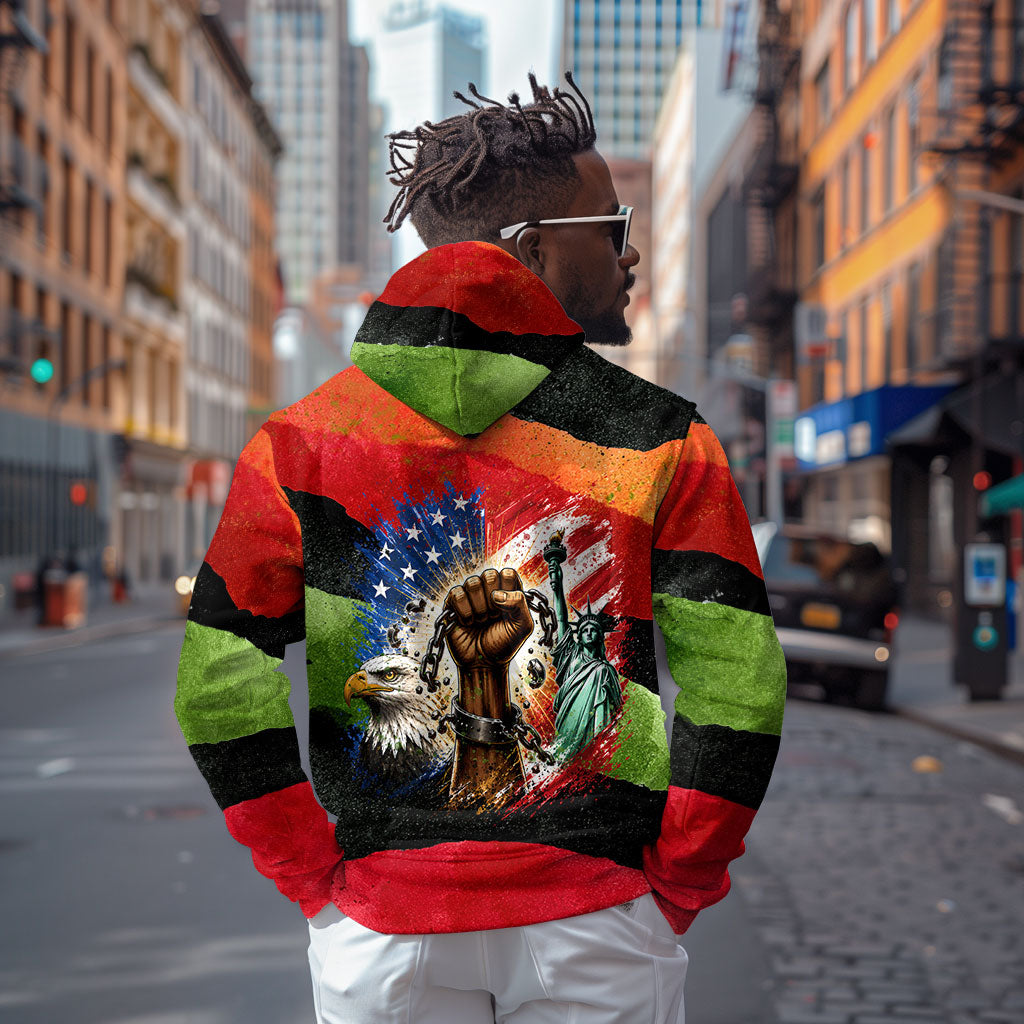 Happy 250th You Still Owe Us Black Pride Hoodie Pan African Flag Broken Chains - Statue Of Liberty