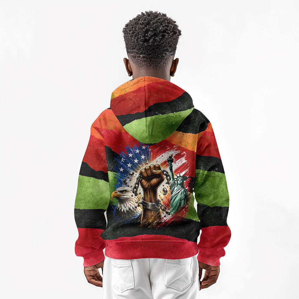 Happy 250th You Still Owe Us Black Pride Kid Hoodie Pan African Flag Broken Chains - Statue Of Liberty