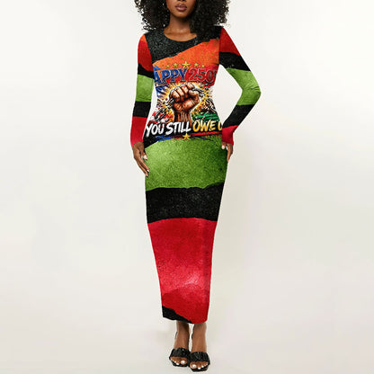 Happy 250th You Still Owe Us Black Pride Long Sleeve Bodycon Dress Pan African Flag Broken Chains - Statue Of Liberty