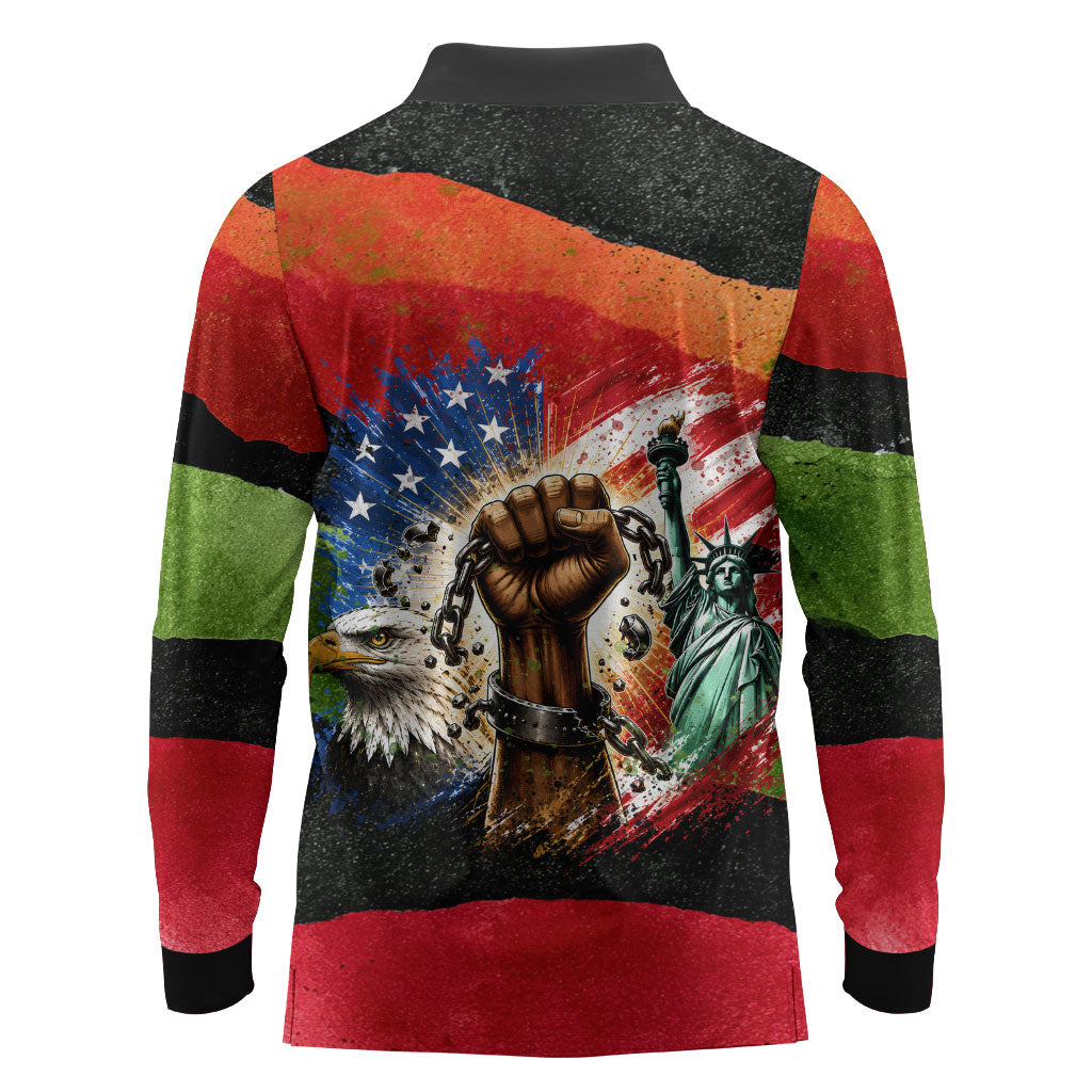 Happy 250th You Still Owe Us Black Pride Long Sleeve Polo Shirt Pan African Flag Broken Chains - Statue Of Liberty