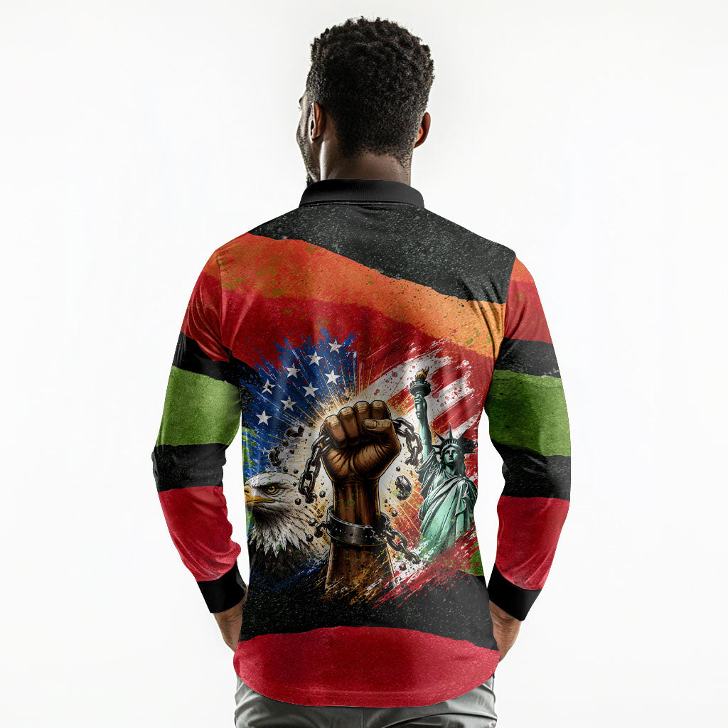 Happy 250th You Still Owe Us Black Pride Long Sleeve Polo Shirt Pan African Flag Broken Chains - Statue Of Liberty