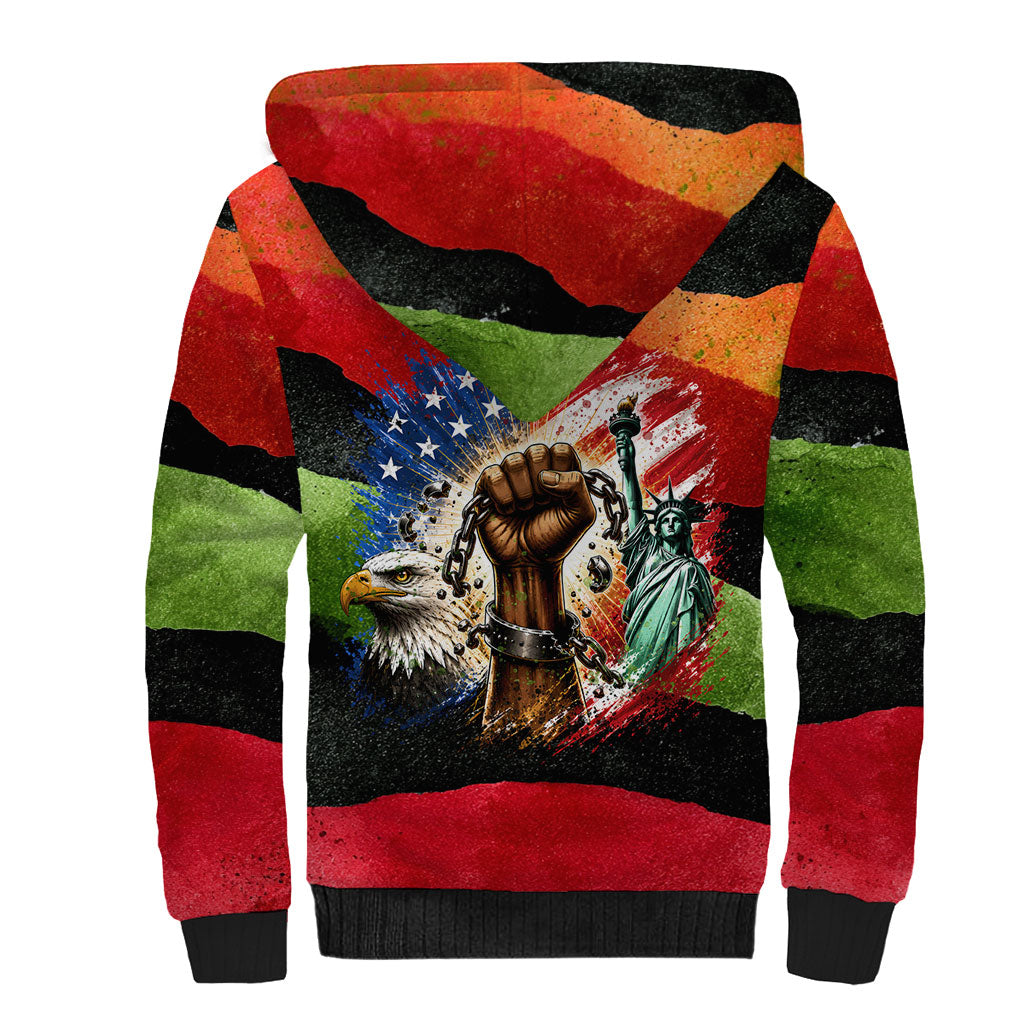 Happy 250th You Still Owe Us Black Pride Sherpa Hoodie Pan African Flag Broken Chains - Statue Of Liberty