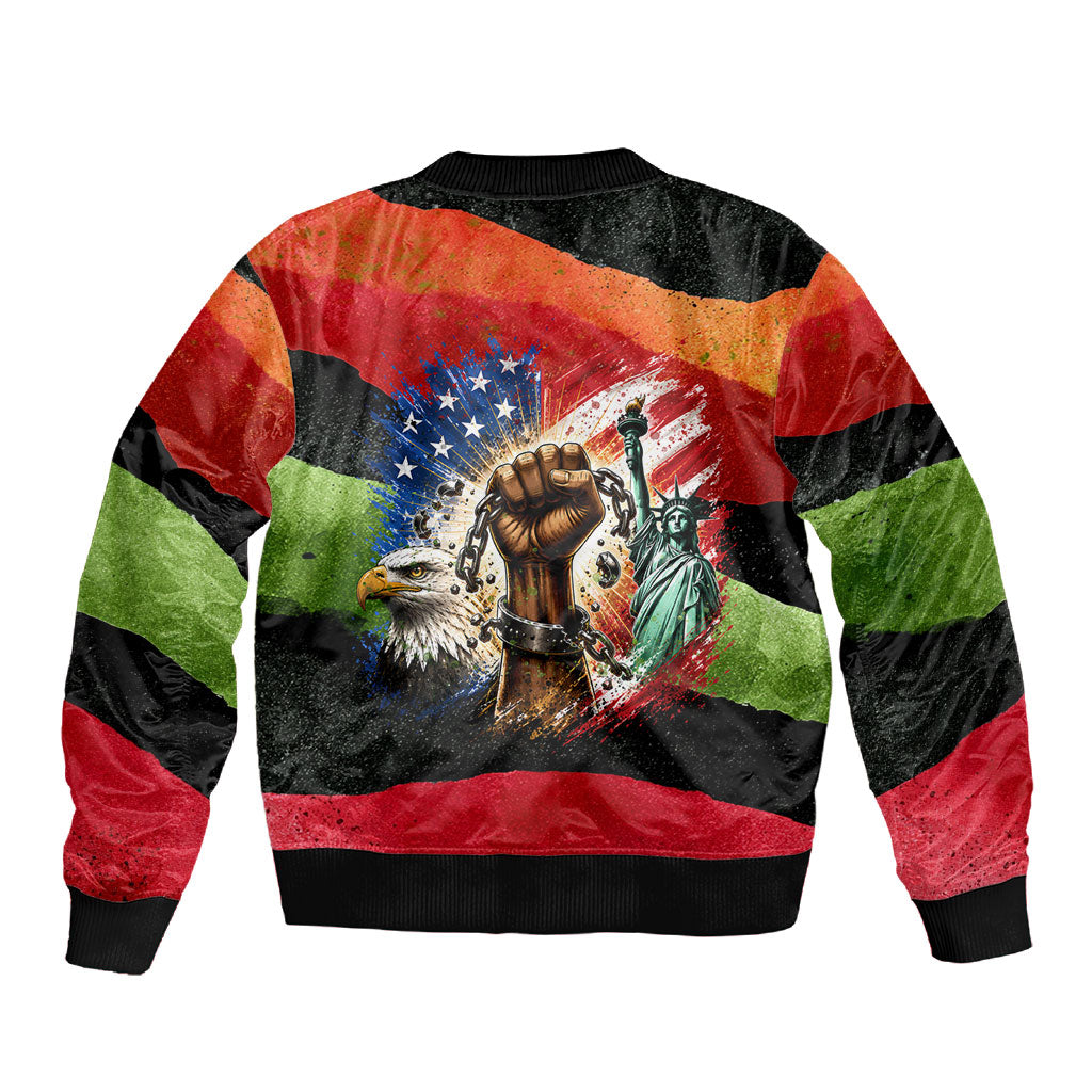 Happy 250th You Still Owe Us Black Pride Sleeve Zip Bomber Jacket Pan African Flag Broken Chains - Statue Of Liberty