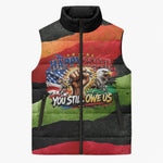 Happy 250th You Still Owe Us Black Pride Sleeveless Puffer Jacket Pan African Flag Broken Chains - Statue Of Liberty