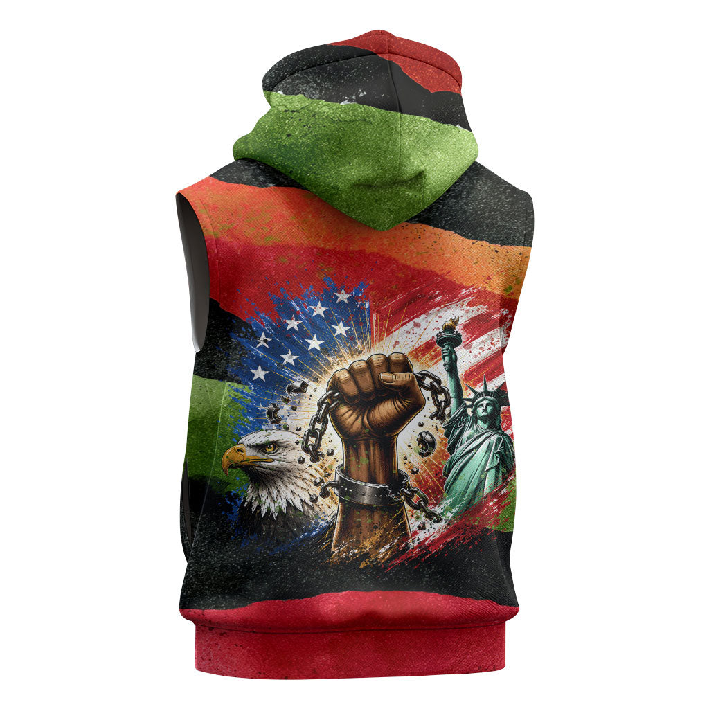 Happy 250th You Still Owe Us Black Pride Sleeveless Zip Hoodie Pan African Flag Broken Chains - Statue Of Liberty