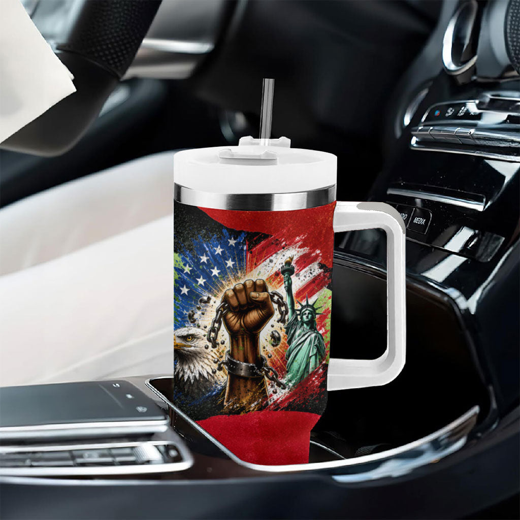 Happy 250th You Still Owe Us Black Pride Tumbler With Handle Pan African Flag Broken Chains - Statue Of Liberty