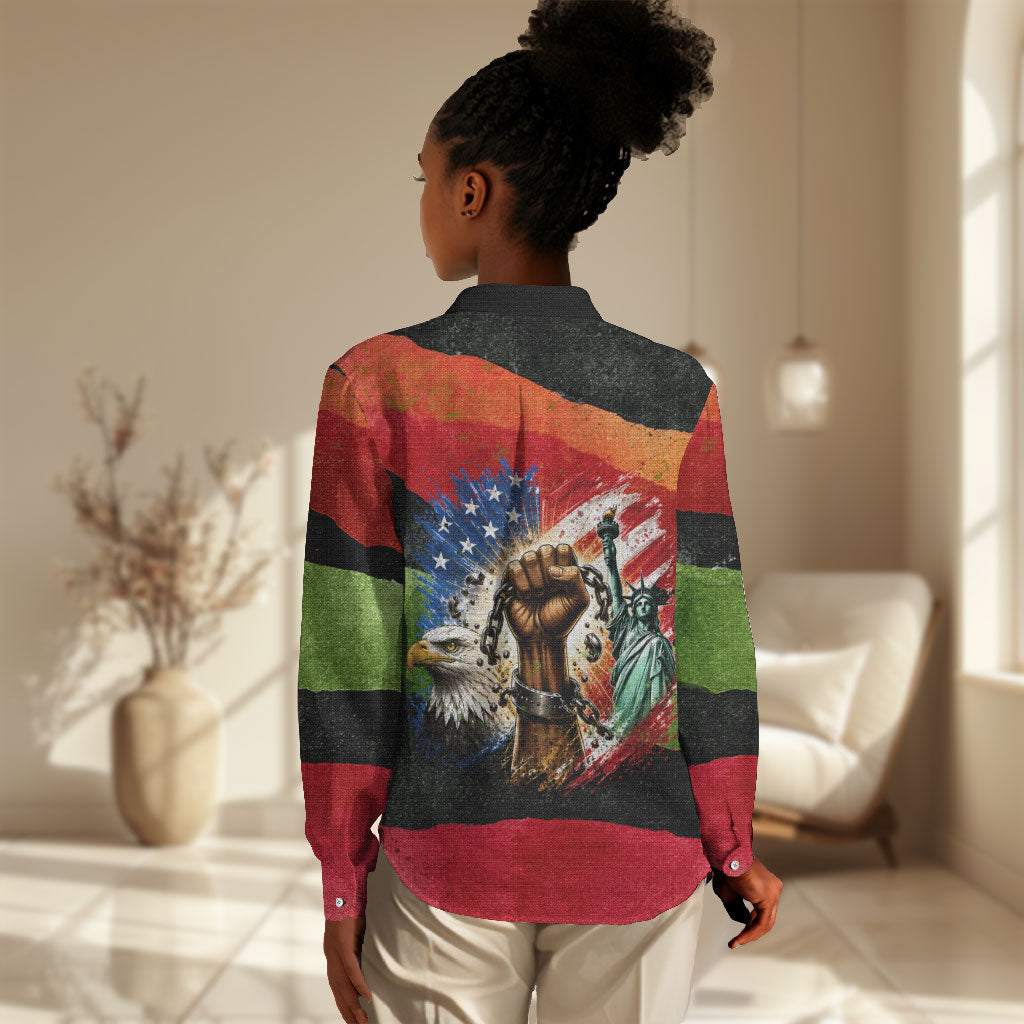Happy 250th You Still Owe Us Black Pride Women Casual Shirt Pan African Flag Broken Chains - Statue Of Liberty