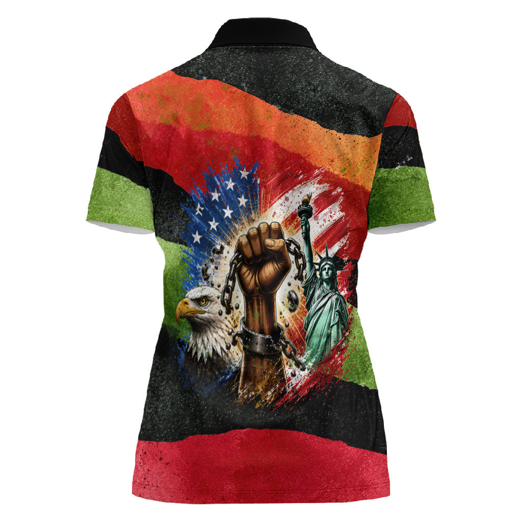 Happy 250th You Still Owe Us Black Pride Women Polo Shirt Pan African Flag Broken Chains - Statue Of Liberty