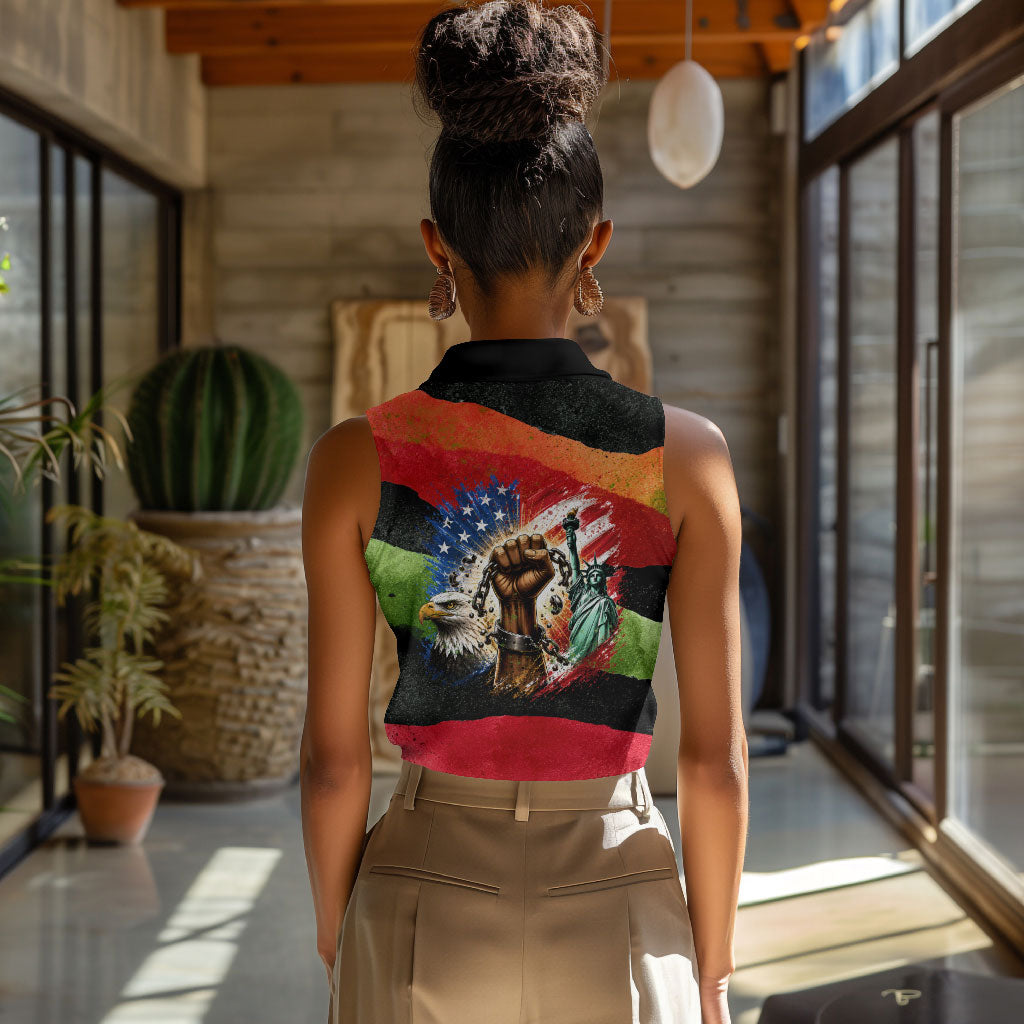 Happy 250th You Still Owe Us Black Pride Women Sleeveless Polo Shirt Pan African Flag Broken Chains - Statue Of Liberty