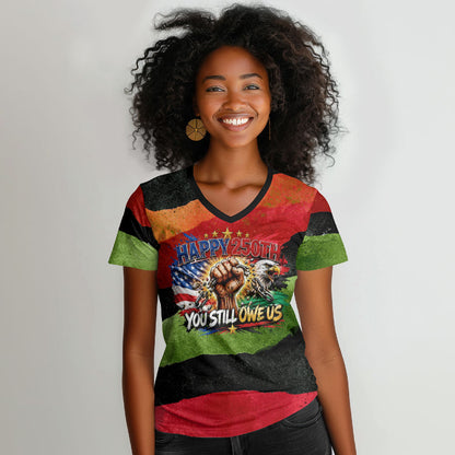 Happy 250th You Still Owe Us Black Pride Women V-Neck T-Shirt Pan African Flag Broken Chains - Statue Of Liberty